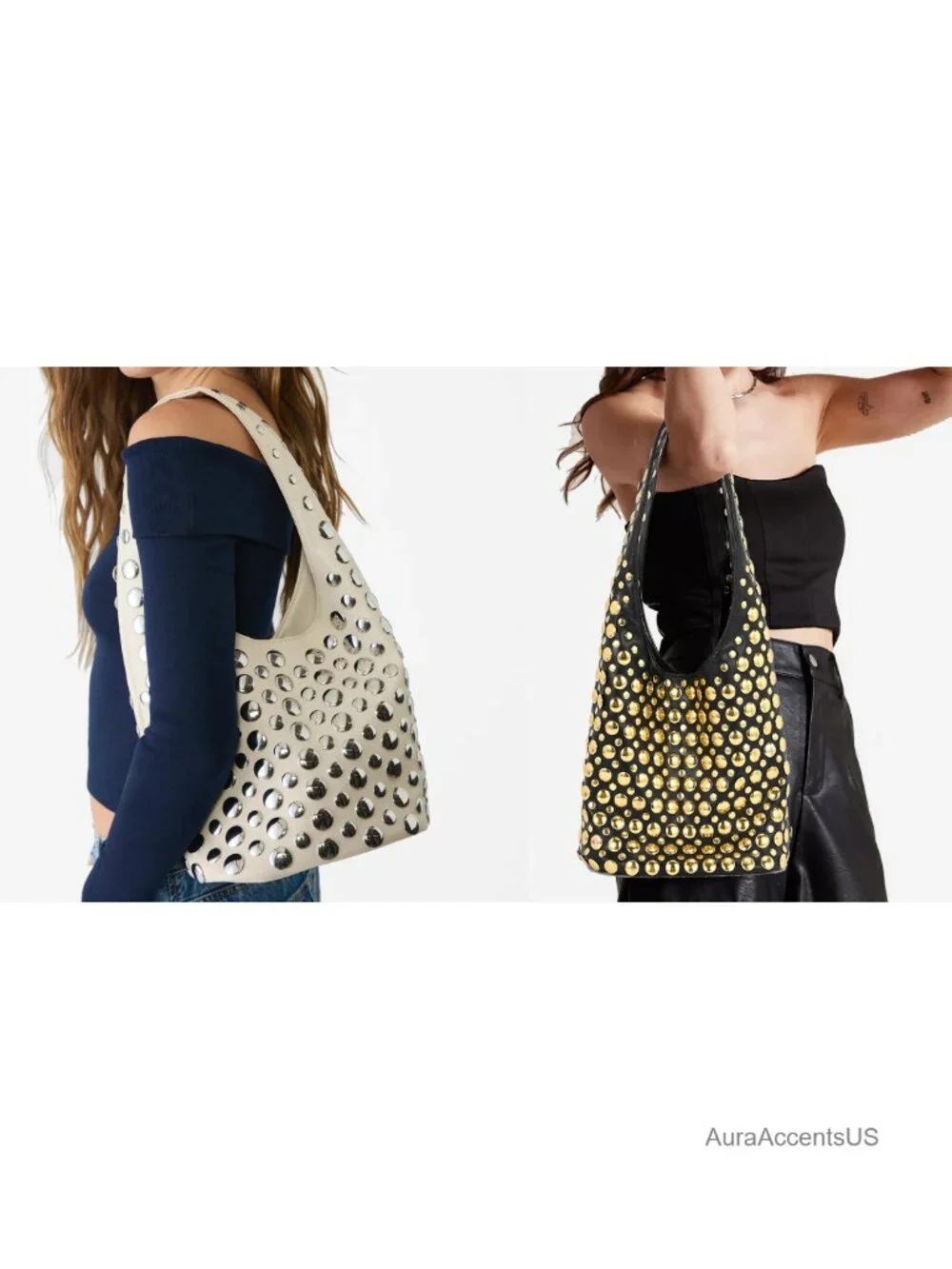 Studded Hobo Bag Y2K Rivets Bucket Purse Faux Leather Shoulder Bag